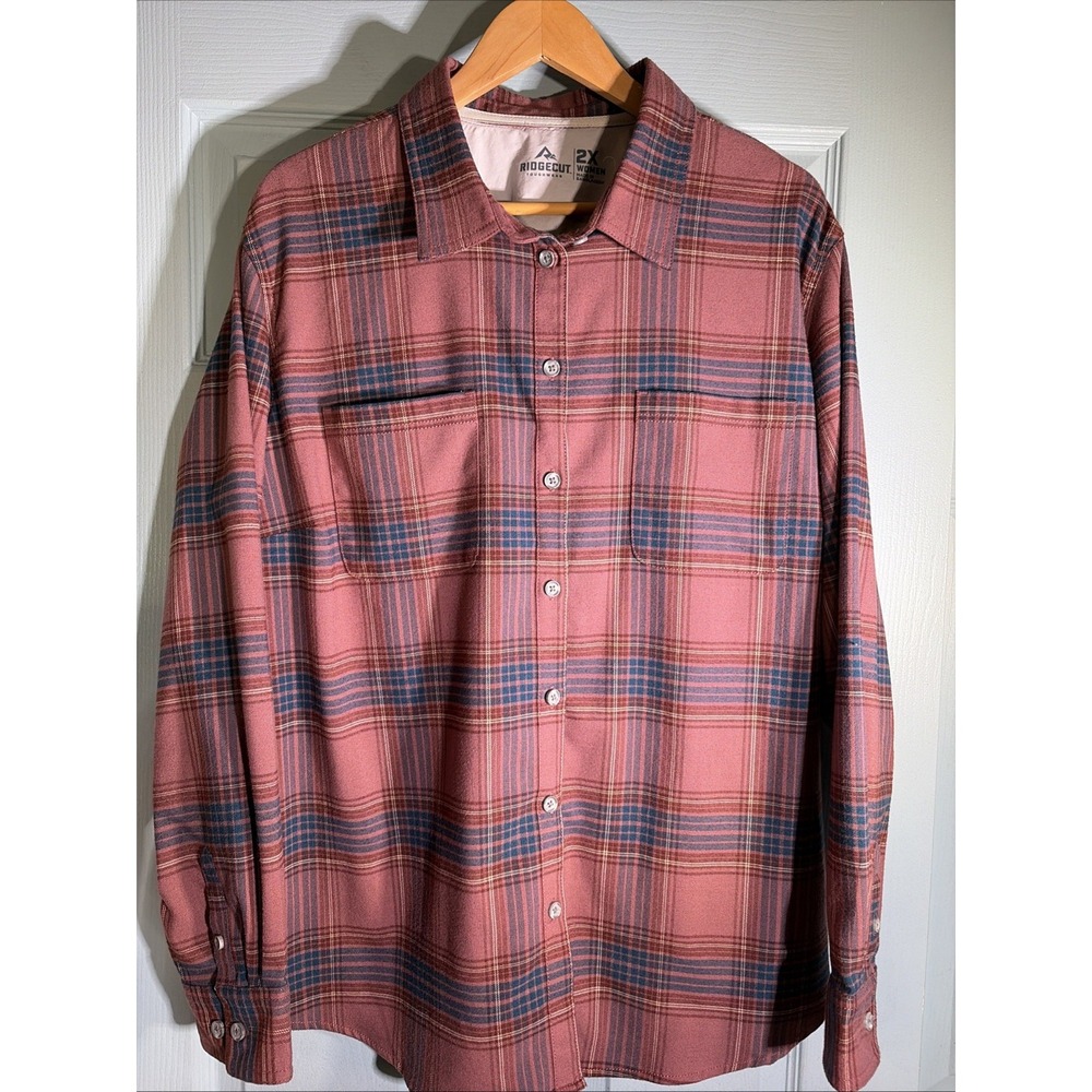 Ridgecut Women's Toughwear Pink Navy Plaid Long Sleeve Flannel Shirt Size 2XL